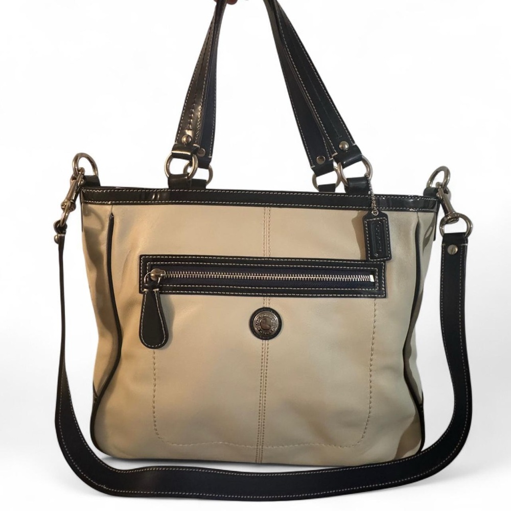Coach Beige and Navy Blue Leather Tote Bag with Contrast Stitching